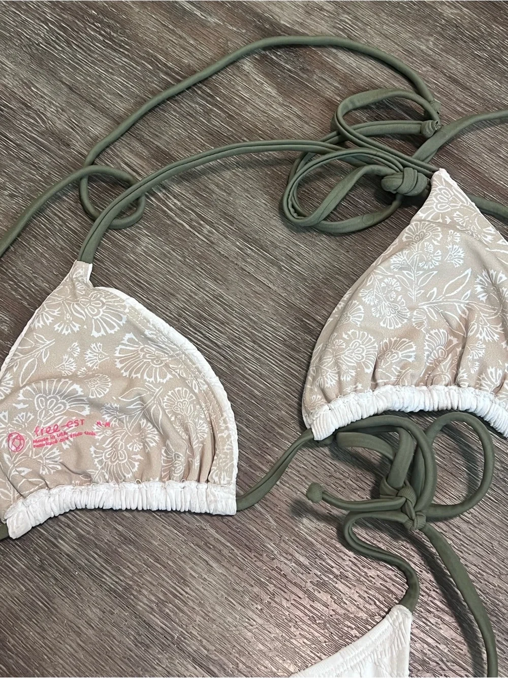 Free People White Floral Textured Triangle Bikini with Olive Tie Straps